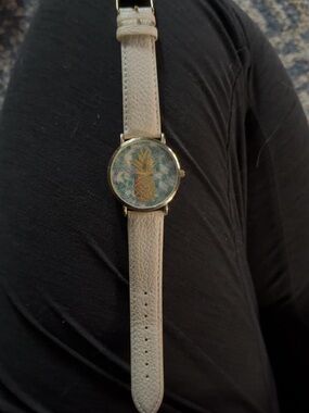Geneva White Strap Watch with Gold Pineapple Dial